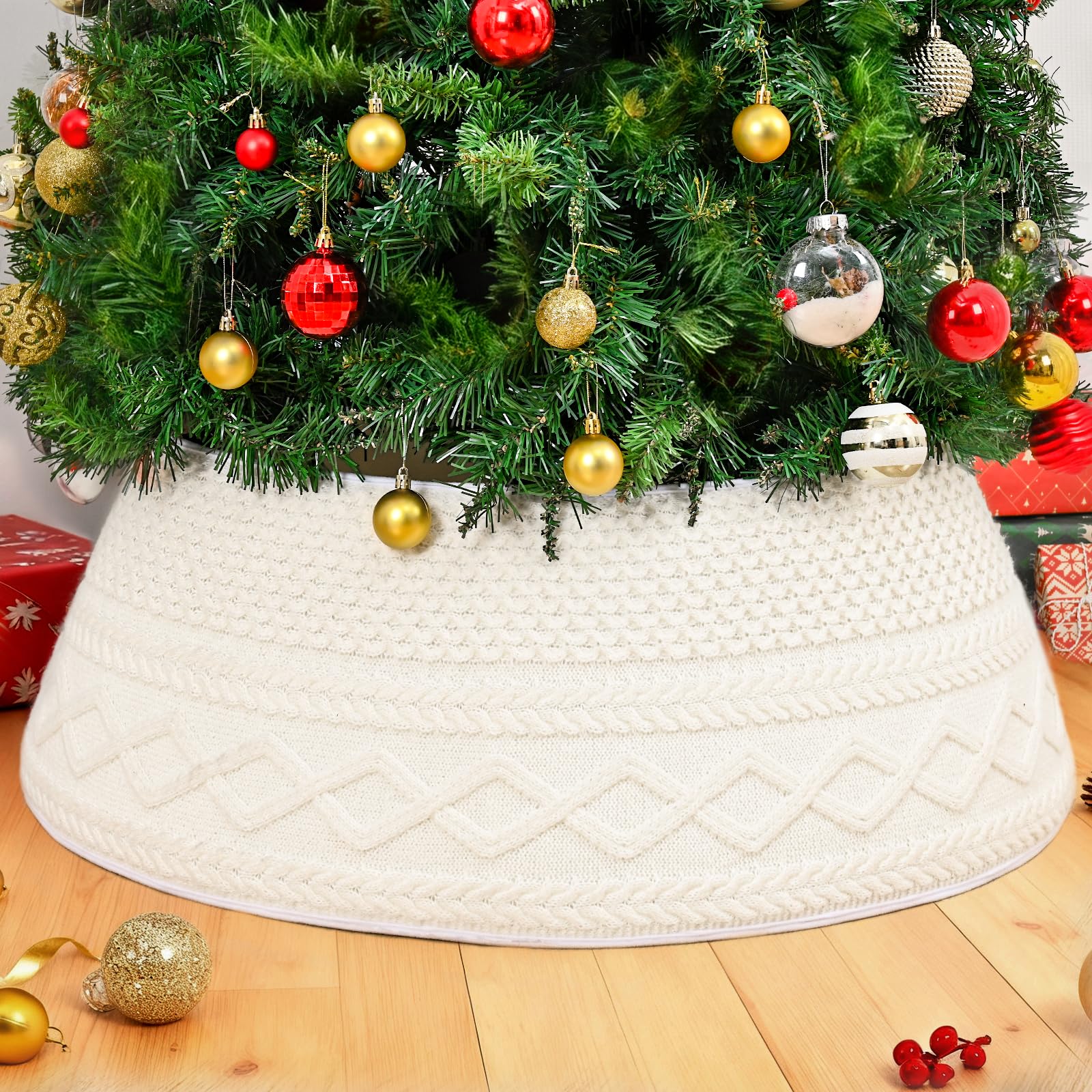 Photo 1 of Atawlege Knitted Christmas Tree Collar White, 28 Inch Round Christmas Tree Skirt, Boho Xmas Tree Ring for Home Decoration, Foldable Stand Base Cover for Xmas Artificial TreeLPNPMFH8170829