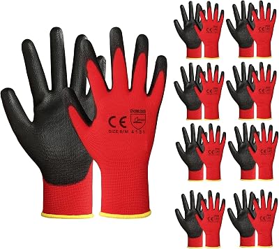 A406 24 Pair Red Nitrile Coated Work Gloves for Builders, Gardening,