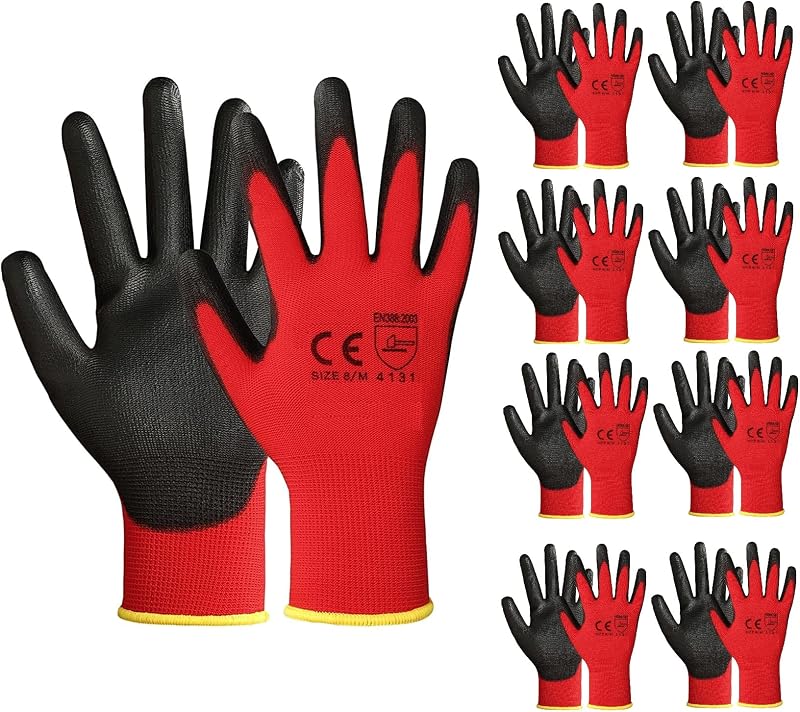 A406 24 Pair Red Nitrile Coated Work Gloves for Builders, Gardening,