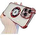 Eiyikof for iPhone 15 Pro Max Magnetic Transparent Case,Luxury Bling Four Corners Shockproof Military-Grade Protection with Camera Lens Protector MagSafe Clear Plating Cover for Women Men-Red