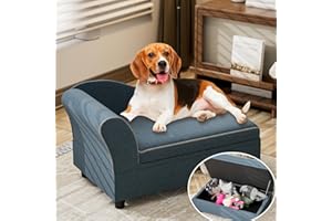 Oarlike Pet Sofa Linen Fabric Comfort Dog Couch with Storage Box Removable&Washable Cushion Dog Sofa Bed for Small and Medium Dogs, Cats for All Seasons (Large, Blue)