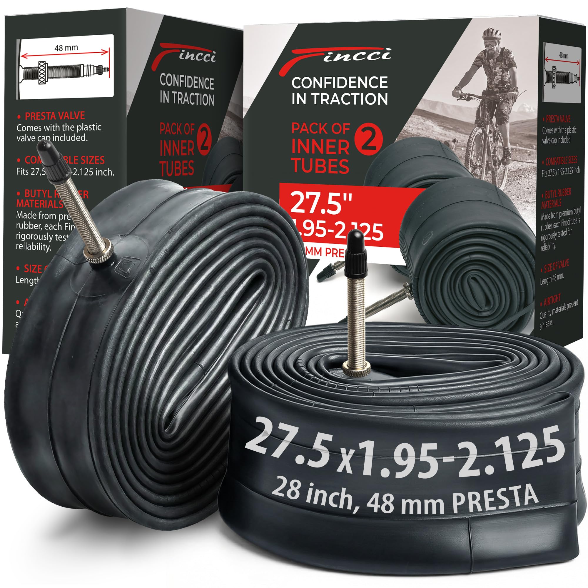 Fincci Inner Tubes 27.5 inch - Pair Durable Bike Inner Tube 27.5 x 1,95 x 2.125 with 48 mm Presta Valve - Reliable Air Retention & Easy to Install for 27.5 MTB Tyres, Mountain, Road, Hybrid, E bikes