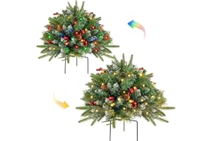FLAGLY 2 Pack Christmas Tree Urn Filler, Battery Operated with Timer, Pre-lit Warm White & Multi-Color Changing LED Lights, 21in Artificial Xmas Tree for Porch, Pathway, Yard, Outdoor Holiday Decorations