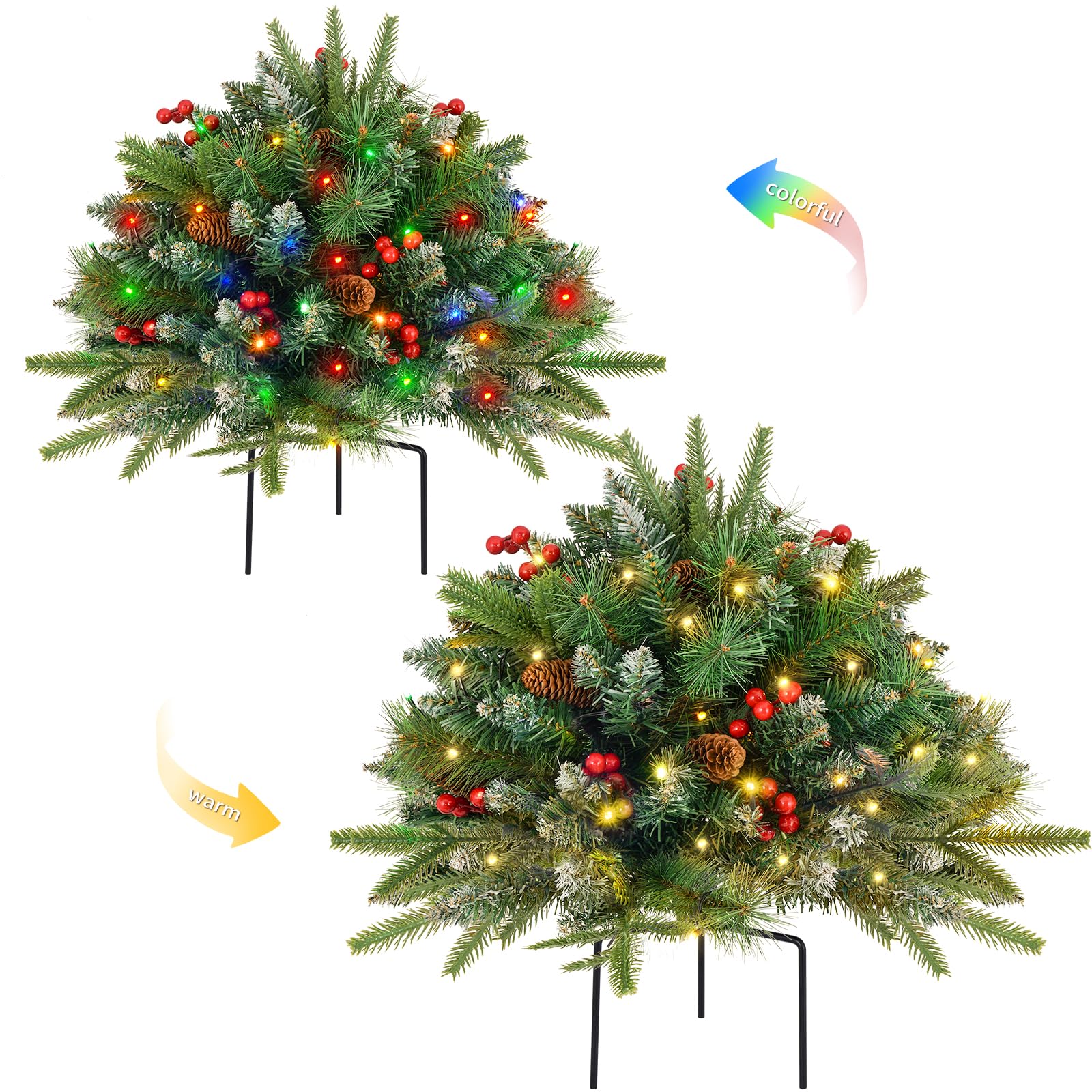 Photo 1 of 2 Pack Christmas Tree Urn Filler, Battery Operated with Timer, Pre-lit Warm White & Multi-Color Changing LED Lights, 21in Artificial Xmas Tree for Porch, Pathway, Yard, Outdoor Holiday Decorations