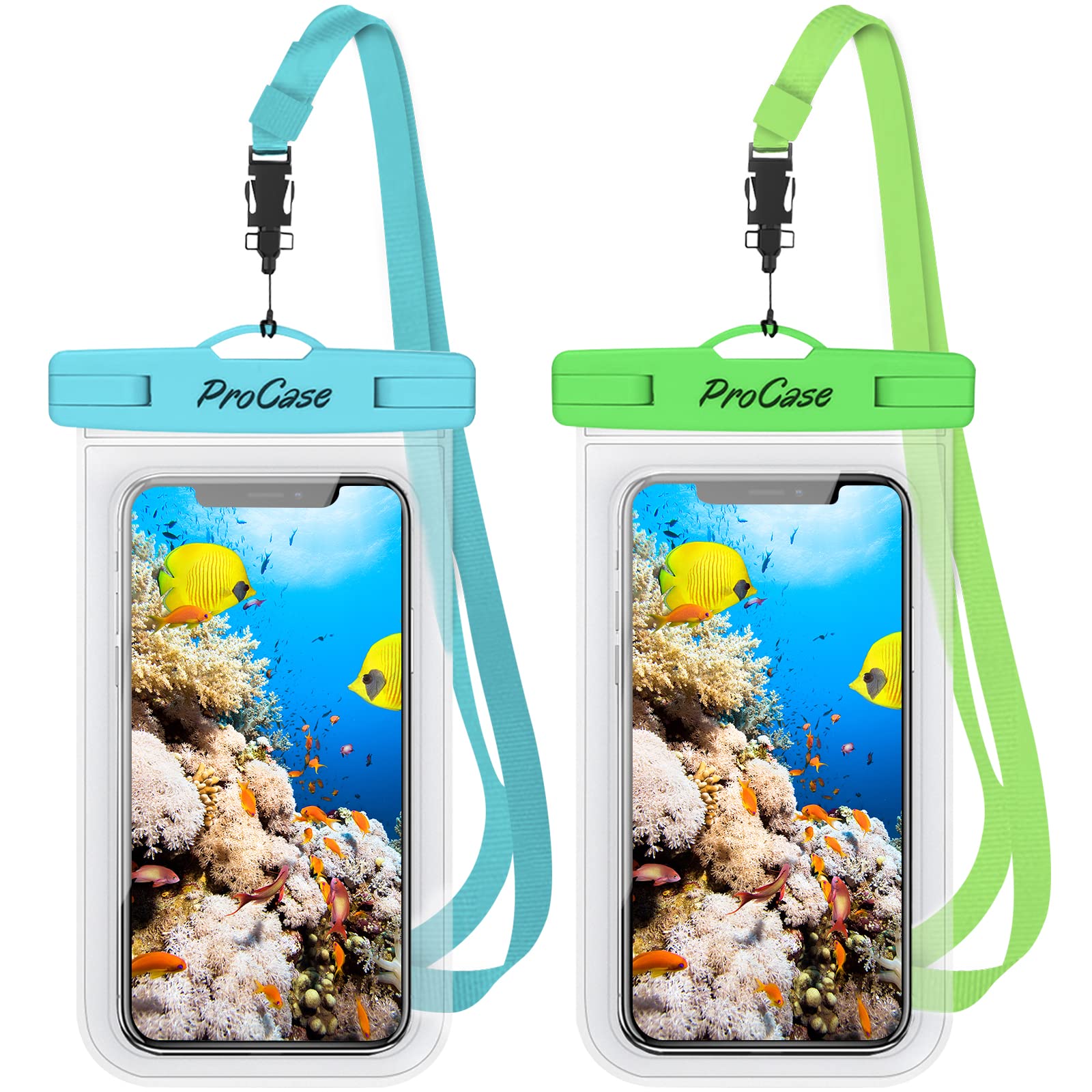 ProCase 2 Pack Waterproof Phone Case Pouch, IPX8 Underwater Dry Bag for iPhone 17 Air 16 15 14 13 12 Plus Pro Max 11 Xs Max XR X 8 7 6S, Galaxy S22 S22+ S21 FE -Blue/Green
