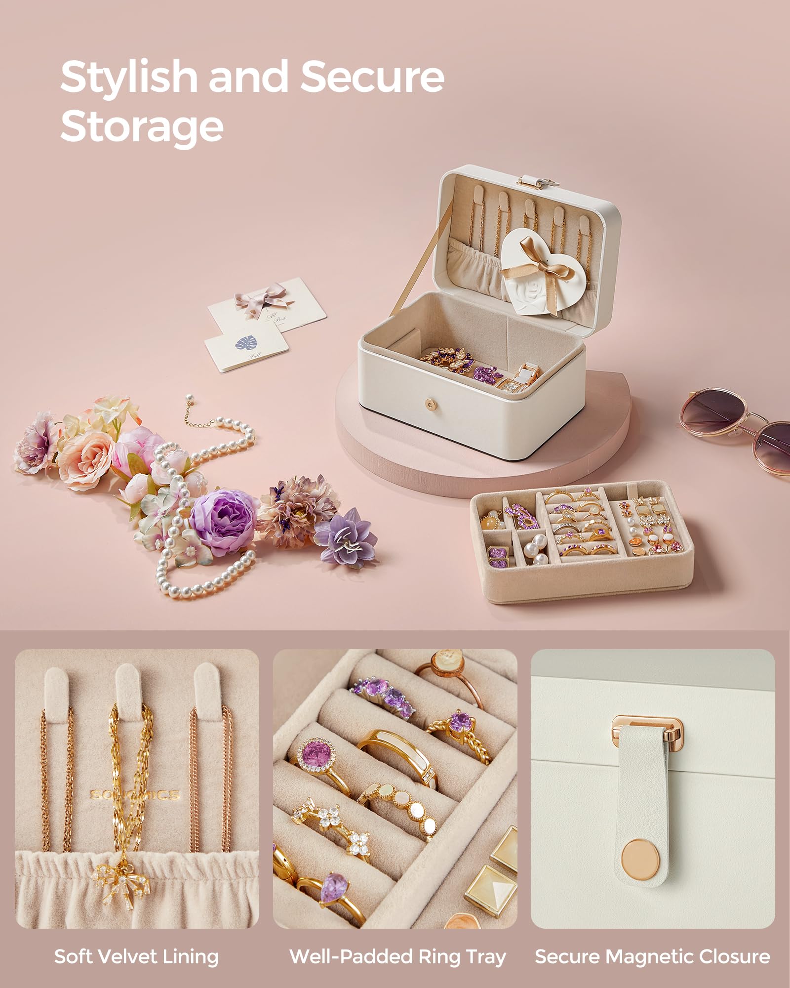 SONGMICS Jewelry Organizer Box, 2-Layer Travel Case for Earrings, Necklaces, Bracelets - Portable Jewelry Storage with Large Capacity, Gift-Ready Box for Women & Girls, Cloud White UJBC166W01