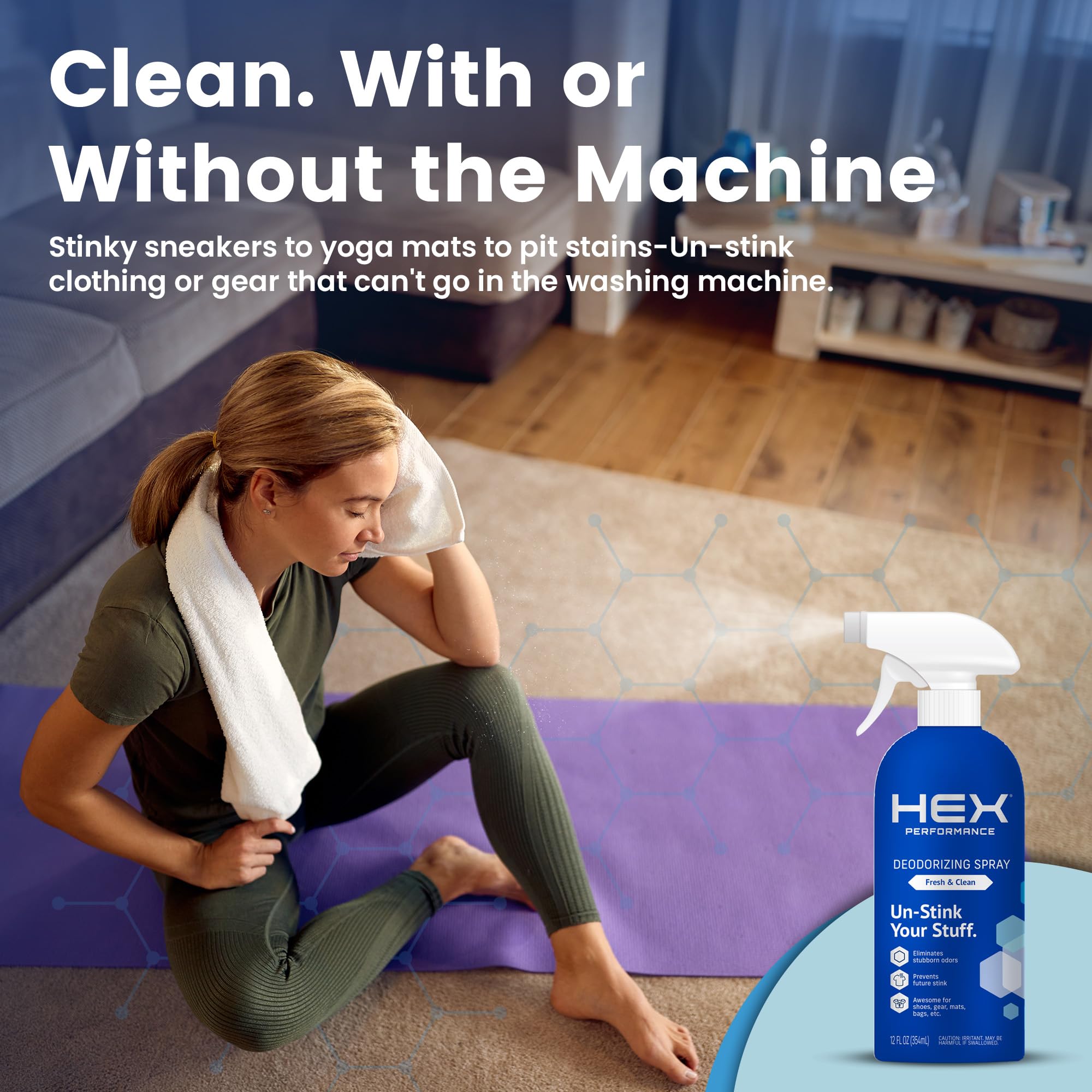 HEX Performance Deodorizing Spray, Fresh & Clean, 12oz (Pack of 2) - Awesome for Shoes, Gear, Activewear & Fabrics, Yoga Mats & Gym Equipment, Carpet, Pets, Odor Eliminator & Fabric Refresher Spray