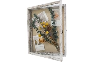 GraduationMall 13x16 Wood Shadow Box Frame Glass Door Display Case with Linen Back and 6 Stick Pins,1.5 inches Interior Depth,Ideal for Memorabilia Pictures Flowers Medals Tickets Rustic White