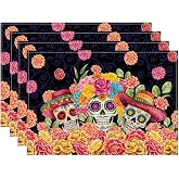 XCHI Day of The Dead Marigolds Placemats Set of 4 Table Decor 12x18 Inch | Sugar Skull Flower Watercolor Dia De Los Muertos Mexican Table Mats for Party Kitchen Dining Home Decorations
