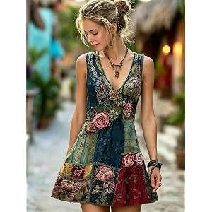 Women's Boho Floral Patchwork Mini Dress, Sleeveless V-Neck Embroidered A-Line Sundress