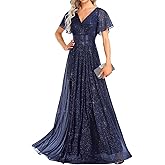 Ever-Pretty Women's Evening Gowns V Neck Ruched Short Sleeves A-line Glitter Formal Dresses