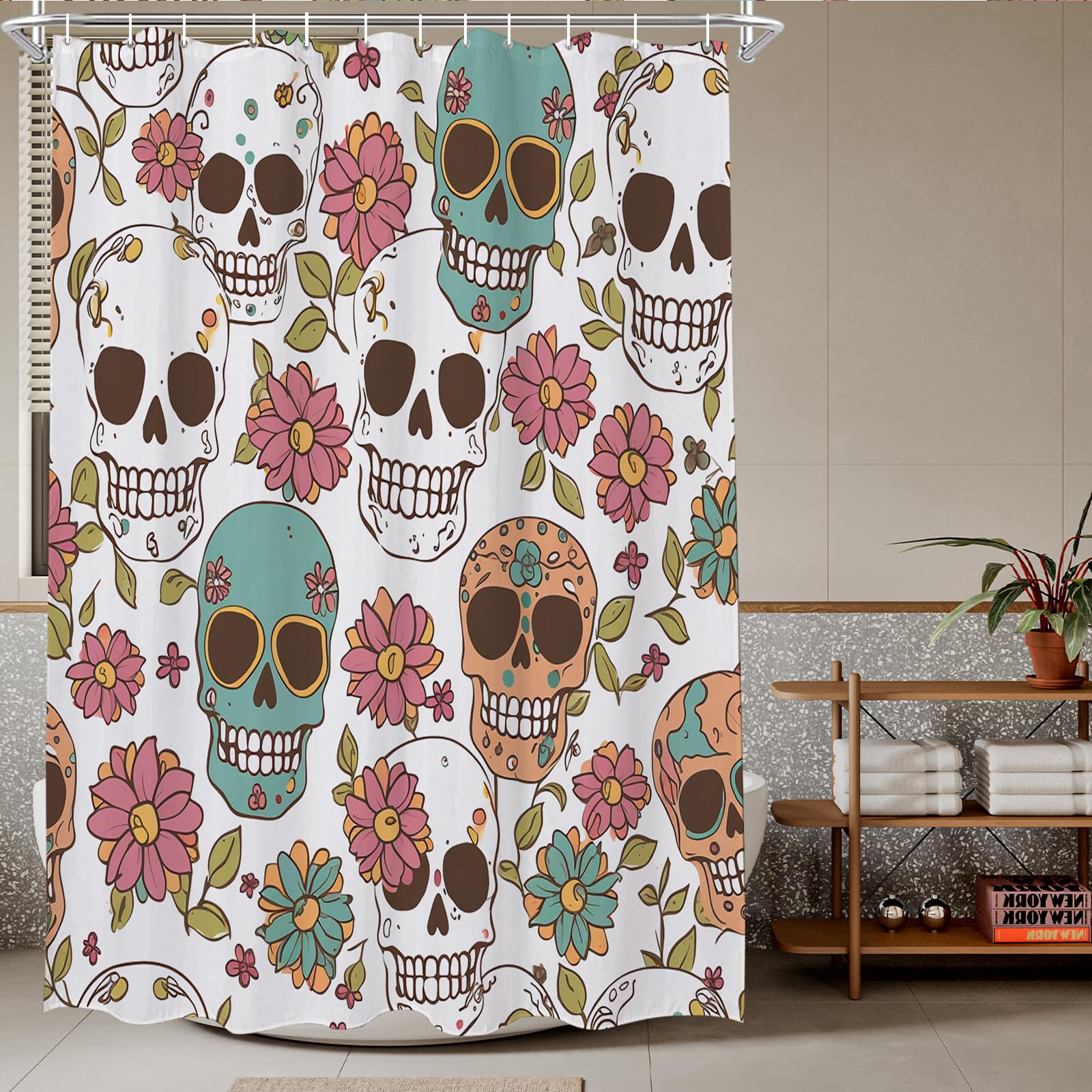 TheBlackSpot Floral Sugar Skull Shower Curtain Sets Halloween Bath Curtains Decor Sets Grommet with Hooks 72 x 72 inches