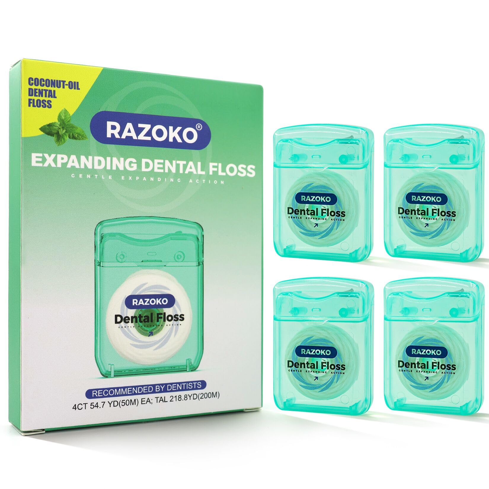 RAZOKO Coconut Oil Expanding Dental Floss - Gentle on Teeth & Gums, Kid-Friendly, Waxed, Light Mint Flavor, PTFE & PFAS Free, 4 Spools - Mint Flavor
