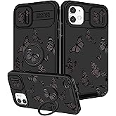 Funermei (2in1 for iPhone 11 Case for Women Butterfly Cute Girls Phone Cover Girly Pretty Aesthetic Kawaii Black Butterfly Unique Design with Camera Cover and Ring Stand Funda for Apple 11 Case