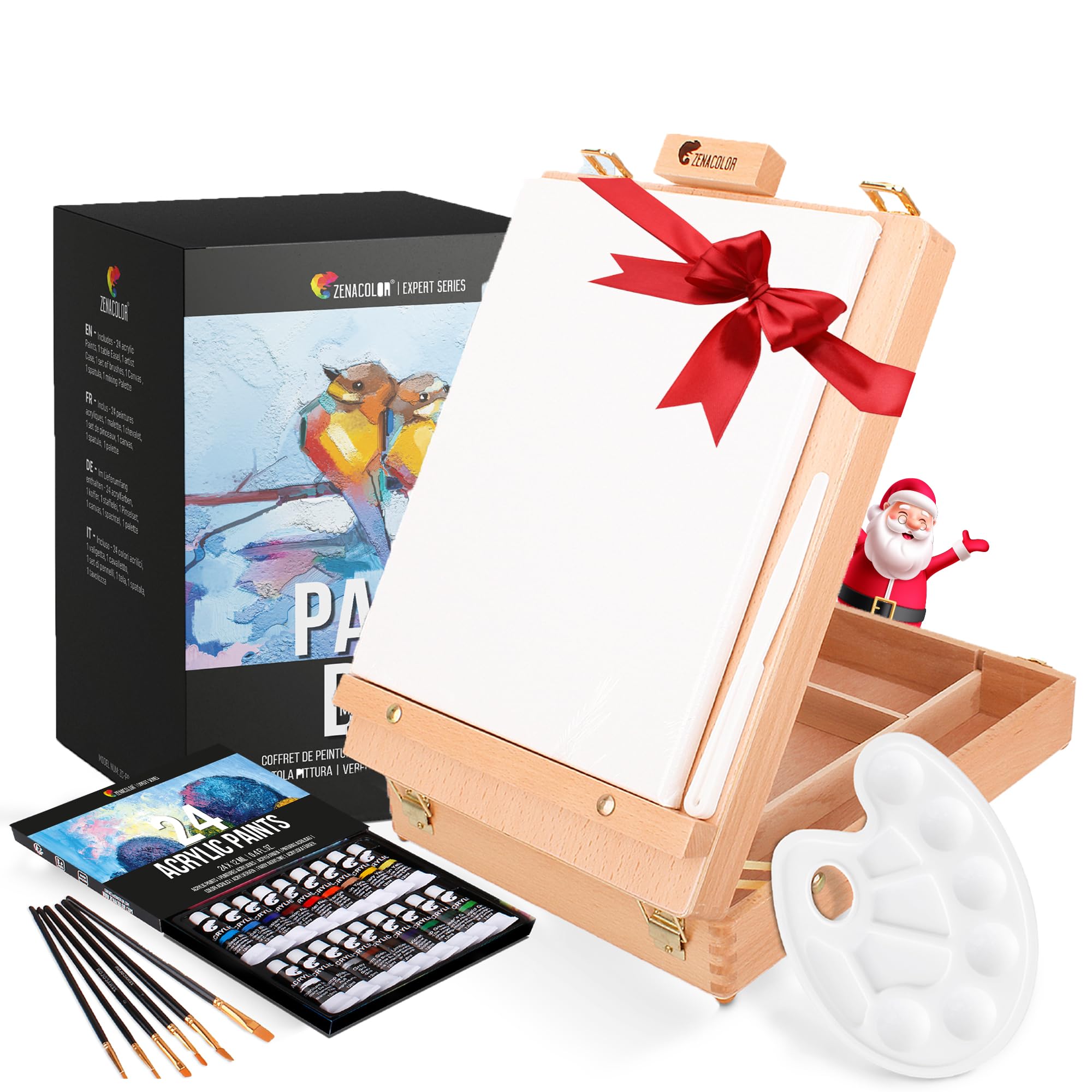 Acrylic Paint Set for Artists - with Box, Wood Easel, 24 Tubes of Acrylic Paints, 6 Paintbrushes, Blank Canvas, Spatula, and Mixing Palette - Portable Travel Kit