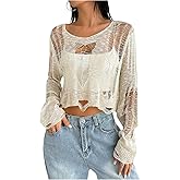 WDIRARA Women's Ripped Distressed Knit Top Long Sleeve Hollow Out Crochet Crop Top Goth Y2K Grunge Punk Halloween
