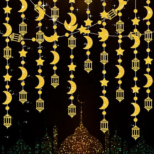 30 Pieces Ramadan Mubarak Decorations, Eid Mubarak Hanging Swirl Shining Gold Star Moon Lantern Ceiling Foil Decor for Eid Al-fitr Party Egyptian Holiday Decorations Supplies (Black and Gold