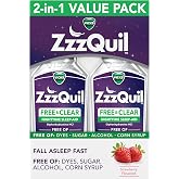 ZzzQuil Liquid Sleep Aid, Diphenhydramine 50mg HCI, Free &amp; Clear, Free of Alcohol and Artificial Dyes, Nighttime Sleep Aid Liquid, Non-Habit Forming, Strawberry Flavored, 2 Pack, 24 FL OZ