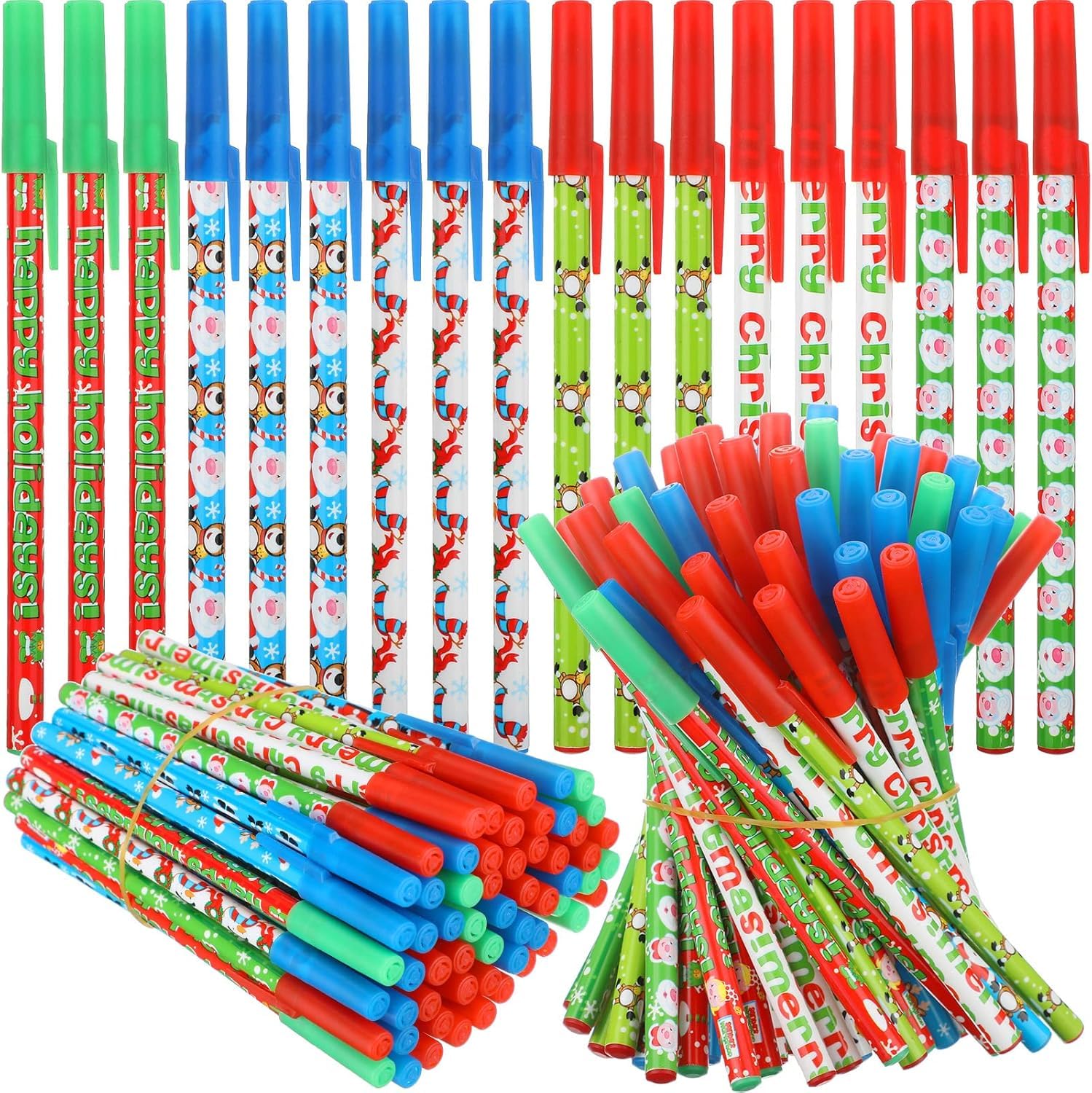 KAHEIGN 60Pcs Christmas Ballpoint Pens, 6 Styles Retractable Stick Pen 16CM Snowman Reindeer Santa Claus Holiday Rollerball Pens for Xmas Stocking Fillers Party Favors
