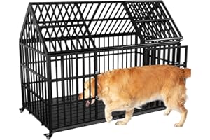 AESOROMO Heavy Duty Dog Crate 58 inch Durable Pet Dog Cage Crate Kennel with Roof Top 2 Doors Removable Trays Lockable Wheels Escape-Proof for High Anxiety Large/Extra Large Dogs Breeds