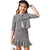 WDIRARA Girl's 2 Piece Outfits Plaid Tweed Half Sleeve Jacket and Ruffle Mini Skirt Set Black White