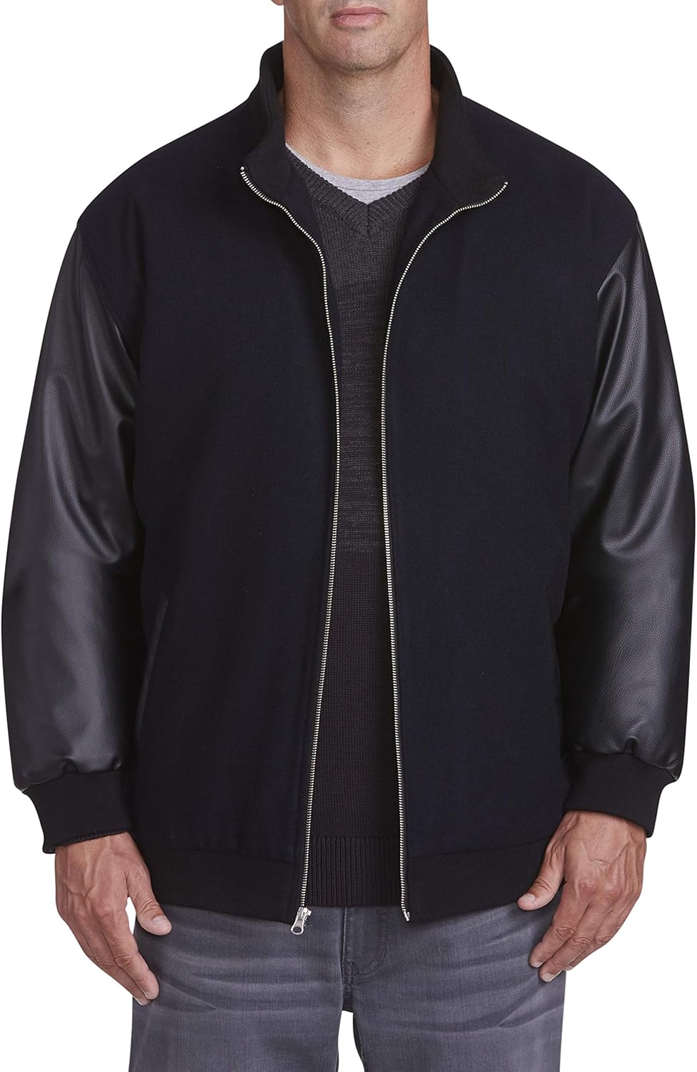 Synrgy by DXL Big and Tall FauxLeather Sleeve Bomber Jacket at Amazon