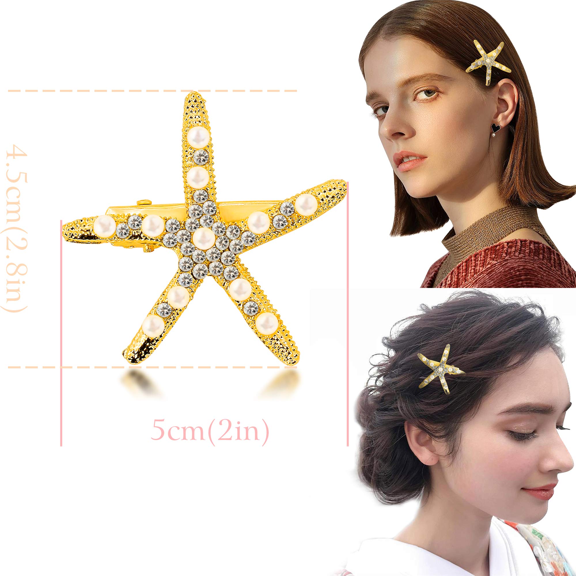 2 Pcs Starfish Hair Clip Pins Sea Beach Hair Barrettes Accessories Metal Flower Girl Accessories for Wedding (Gold)
