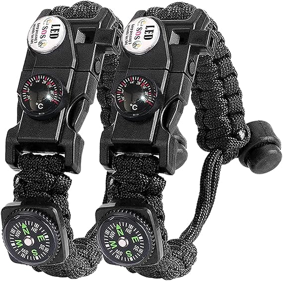 Paracord Survival Bracelet (Pair) Compass Fire Starter Thermometer SOS Light Whistle