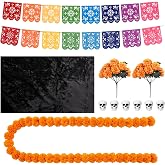 Geelin 67 Pcs Day of The Dead Altar Decorset, Artificial Marigold Garland | Marigold Flower Head, Mexican Papel Picado Banner, Black Table Cover, Skull for Dia De Los Muertos Indian Diwali Decor