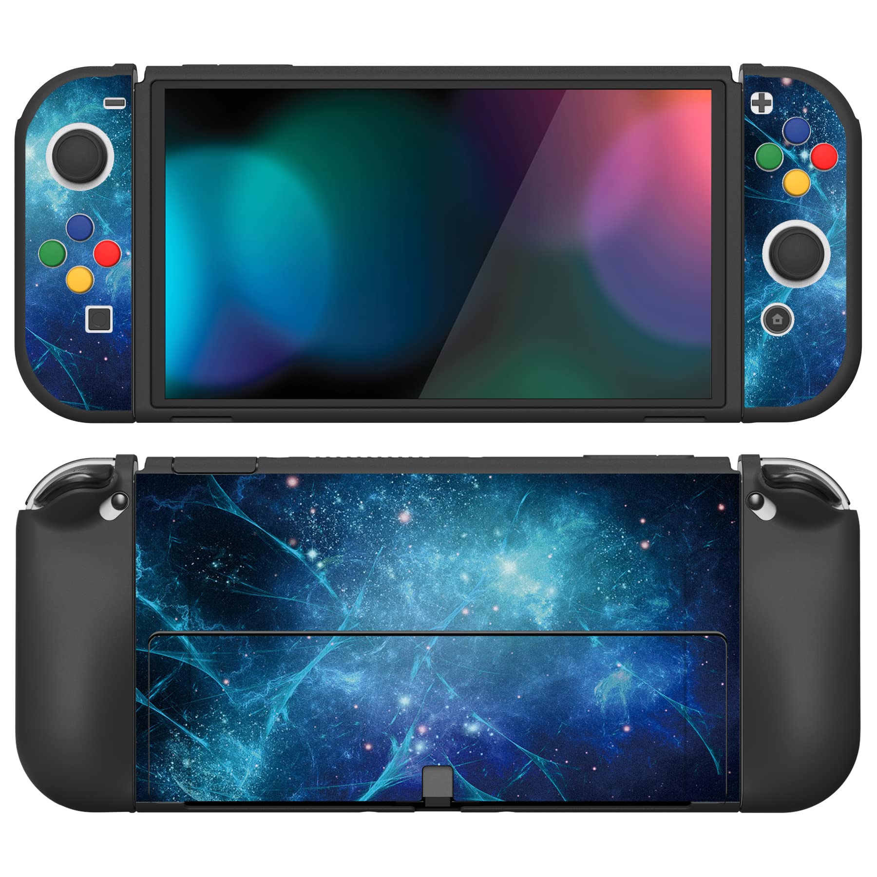 playvital ZealProtect Soft Protective Case for Nintendo Switch OLED, Flexible Protector Joycon Grip Cover for Switch OLED with Thumb Grip Caps & ABXY Direction Button Caps - Blue Nebula
