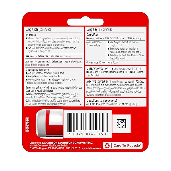 TYLENOL EXTRA STRENGTH 500 MG ACETAMINOPHEN CAPLETS, PAIN RELIEVER & FEVER REDUCER, ACETAMINOPHEN FOR MINOR ARTHRITIS PAIN, HEADACHE, BACKACHE & TOOTHACHE, TRAVEL SIZE,