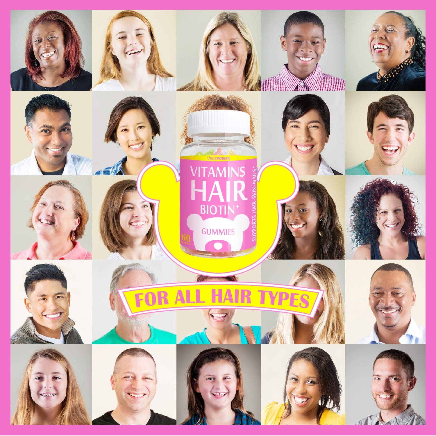 VegePower Hair Skin and Nails Vitamin Gummies-Biotin 10,000mcg [Highest Potency] for Hair Growth-Vegan Hair Bear Gummy for Women & Men,Non-GMO,Gluten-Free,Hair Thicken Supplement