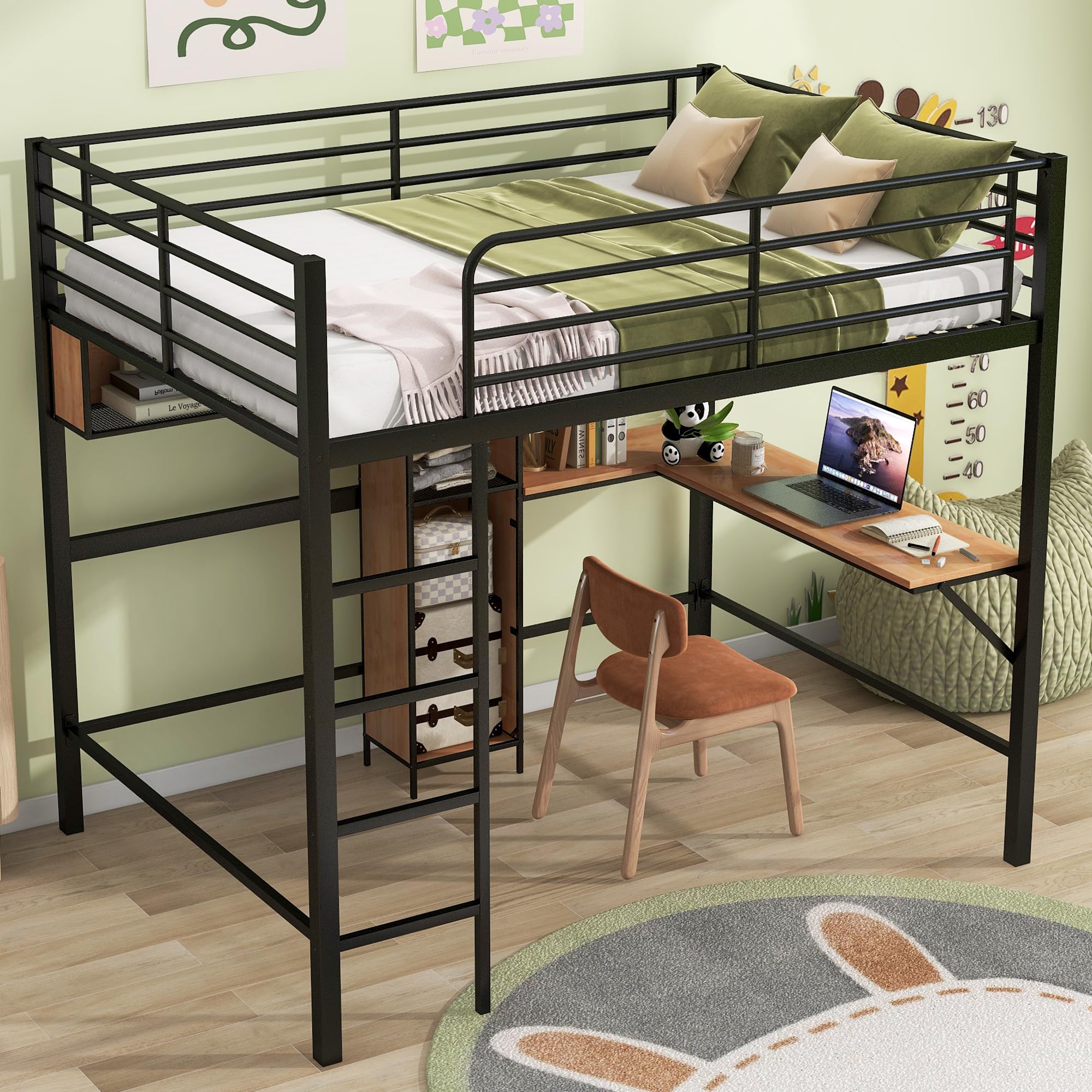 Photo 1 of ** Only box # 1 of 2 is included **  Full Size Metal & Wood Loft Bed with L -Shaped Desk and Shelves,Bedroom Multifuncational Bed Frame w/Guardrails & No Box Spring Required,for Adult Kid Boy Girl,Black+Brown
