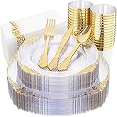 Nervure 175PCS Clear Gold Plastic Plates - Gold Disposable Dinnerware Set for 25 Guests Include 50 Disposable Plates, 75 Plastic Silverware, 25 Cups, 25 Napkins for Wedding & Party & Thanksgiving
