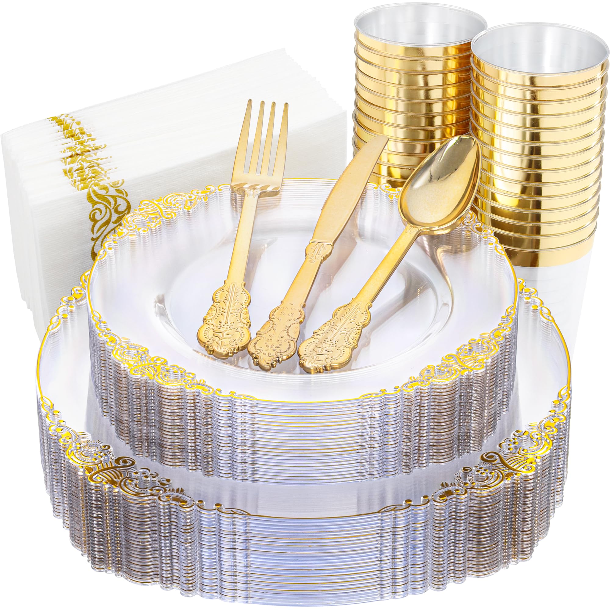 Photo 1 of ** NOP PLATES ** ** Nervure 175PCS Clear Gold Plastic Plates - Gold Disposable Dinnerware Set for 25 Guests Include 50 Disposable Plates, 75 Plastic Silverware, 25 Cups, 25 Napkins for Wedding & Party