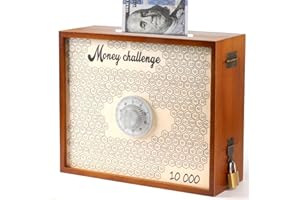 Mczxon 10000 Savings Challenge Box with Lock, Large Wooden 10k Money Saving Box Saver $10,000 Reusable Coin Money Challenge Cash Vault Saving Box Tracker Number Piggy Bank for Adults Kids, Brown