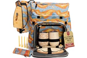 LAX AND DAISY Lax & Daisy Travel Picnic Backpack for 2 Persons - 14 Piece Set Cooler Bags Insulated for Beach, Camping, Hiking & Parks with Blanket, Tumblers, Plates, Gold Cutlery & Cutting Board (Sun Moon Print)