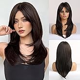 HAIRCUBE Long Dark Brown with Highlights Wigs for Women Synthetic Curly Wavy Hair Wig for Daily