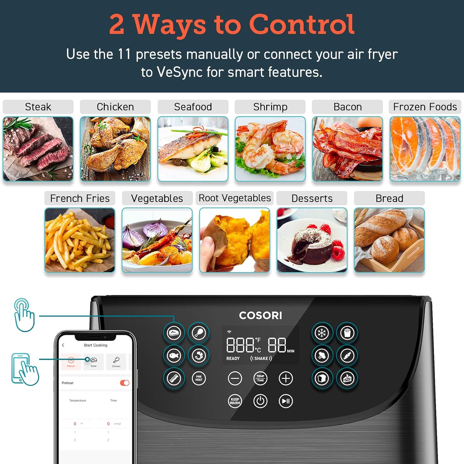 COSORI Smart WiFi Air Fryer 5.8QT(100 Recipes), Digital Touchscreen with 11 Cooking Presets for Air Frying, Roasting & Keep Warm ,Preheat & Shake Remind, Works with Alexa & Google Assistant,1700W: Kitchen & Dining