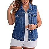 OYOANGLE Women's Plus Size Sleeveless Denim Jacket Vintage Button Down Jean Vest Coat