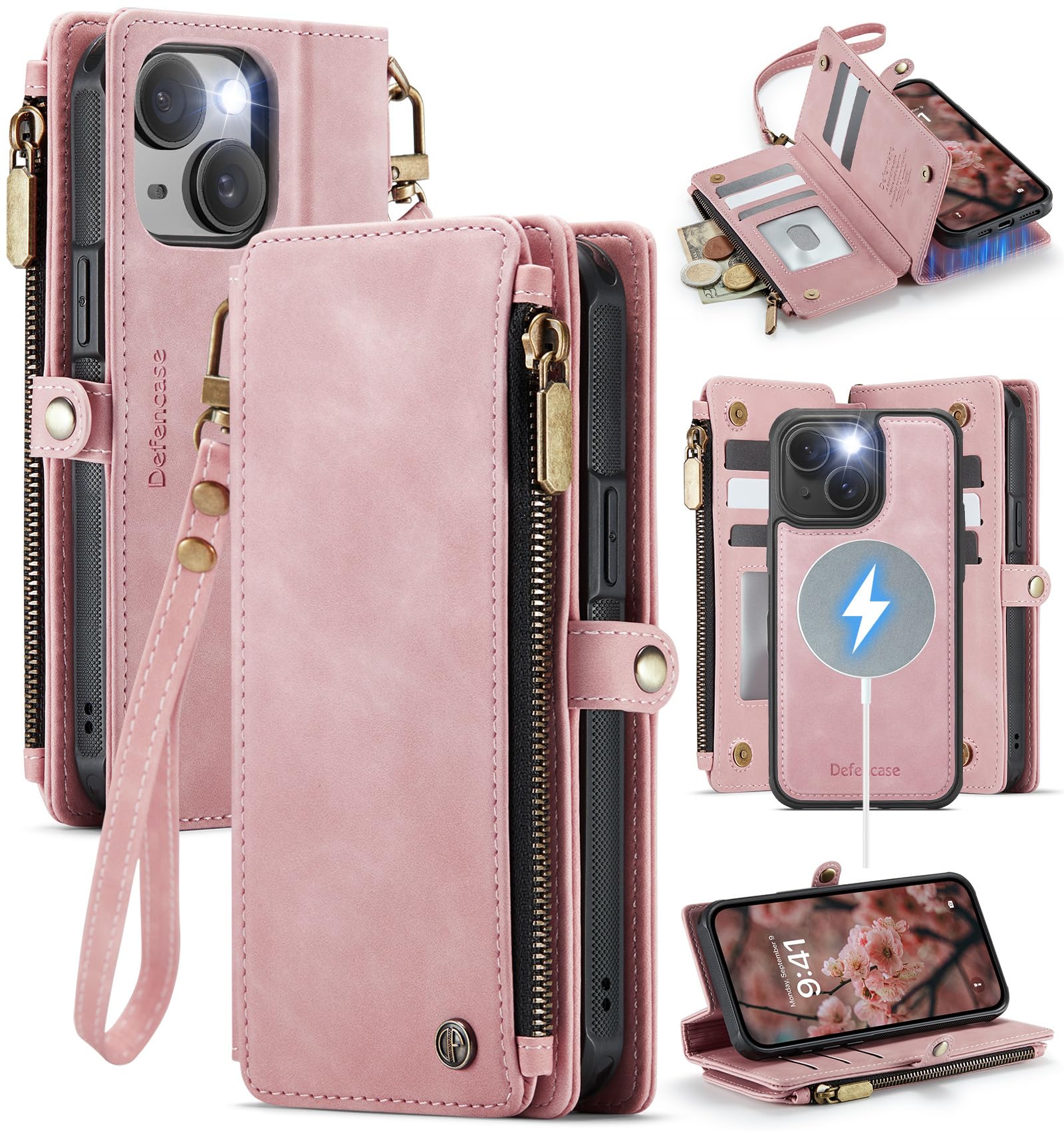 Defencase for iPhone 14 Magnetic Wallet Case Compatible with Magsafe with RFID Blocking Zipper & Card Holder for Women Men, PU Leather Strap Detachable Phone Case for iPhone 14 (6.1 inches), Rose Pink