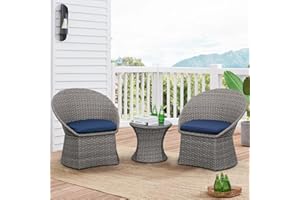 Lviden 3 Pieces Patio Furniture Set, Outdoor Wicker Bistro Set, Gery Rattan Conversation Chairs Set for Porch, with Navy blue Cushions and Glass Top Table