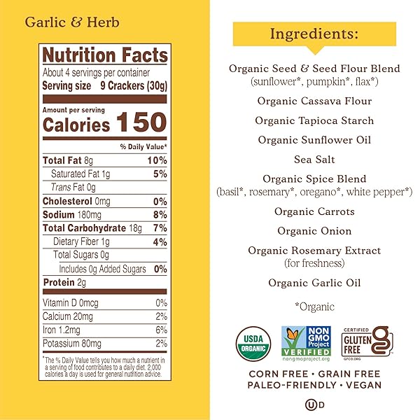 SIMPLE MILLS ORGANIC SEED CRACKERS, GARLIC & HERB – GLUTEN FREE, VEGAN, HEALTHY SNACKS, PALEO FRIENDLY, 4.25 OUNCE (PACK OF 3)