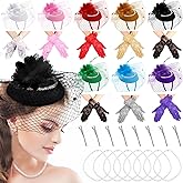 Shinymoon 24 Pcs Women Fascinators Hats Tea Party Hats Lace Gloves and Pearl Necklace Set Vintage Veil Cocktail Headpiece for Wedding Church Evening Funeral Accessories