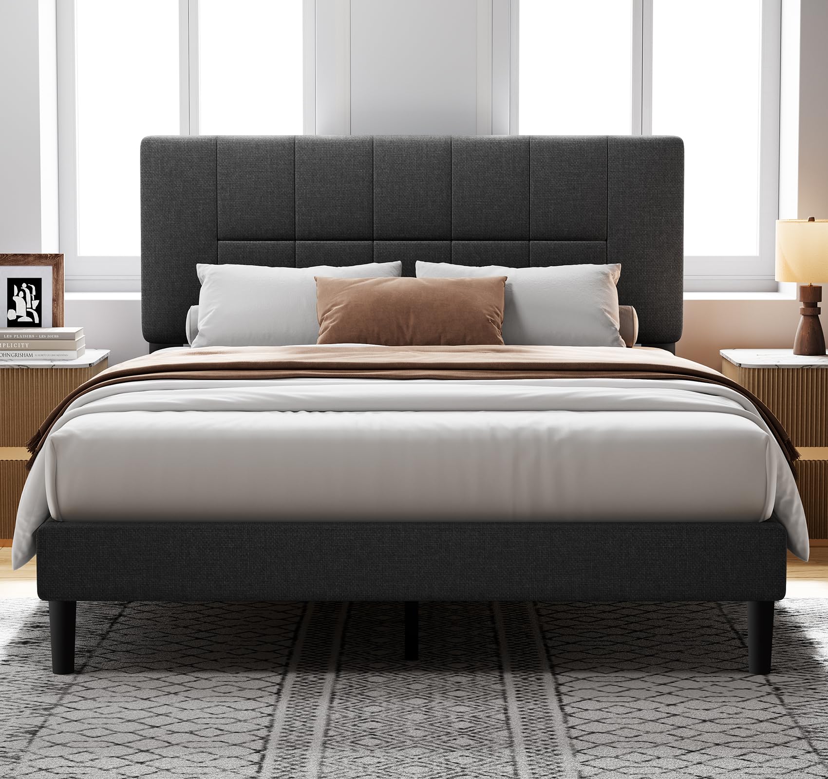 Photo 1 of Pipishell Queen Bed Frame with 12 Thickened Legs&Fabric Upholstered Headboard,1300 lbs Strong Weight Capacity, Adjustable Headboard, No Box Spring Needed, Easy Assembly, Underbed Storage?Solid Wooden?