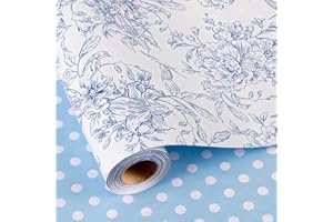 Burymento Blue and White Porcelain Flower Wrapping Paper, Reversible Blue Dot Design Gift Wrap for Baby Shower, Birthday, Valentines, Mothers day, Graduation, Wedding, Fathers day, Christmas (17 Inch X 32.8 Feet)
