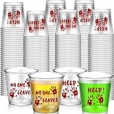 Sunnychicc 100 Pcs 2.87oz Halloween Hard Plastic Shot Glasses Disposable Shot Cups Clear Blood Print Cups Bulk for Drinking Halloween Party Decorations Beverage Ice Cream Snack Candy Favors, 2 Styles