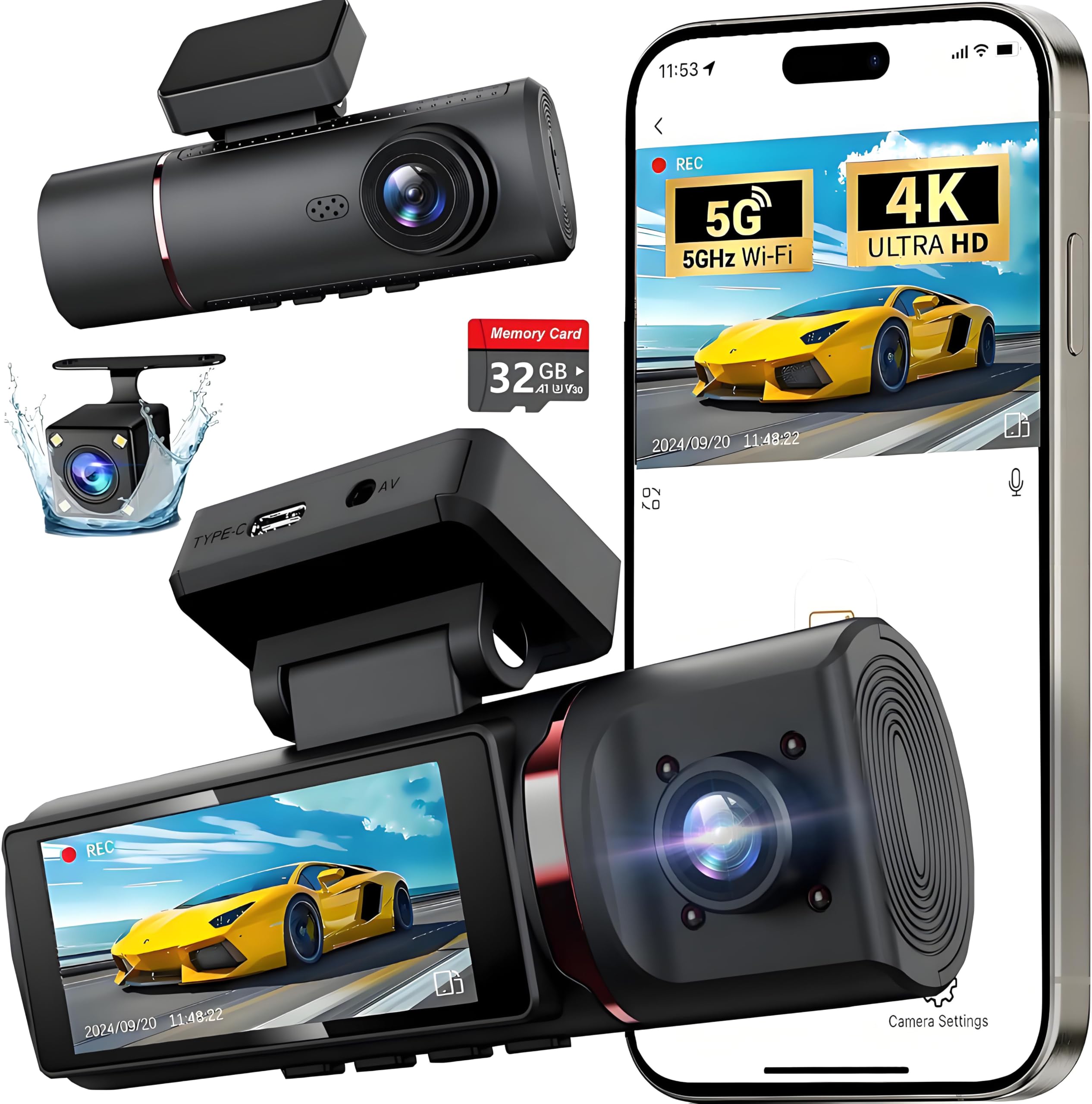 Photo 1 of 3 Channel 4K WiFi Dash Cam, 4K+1080P+1080P Front Inside and Rear, Triple Dash Camera with 32GB Card, APP Control, G-Sensor, 24 Hours Parking Mode, Loop Recording, Night Vision