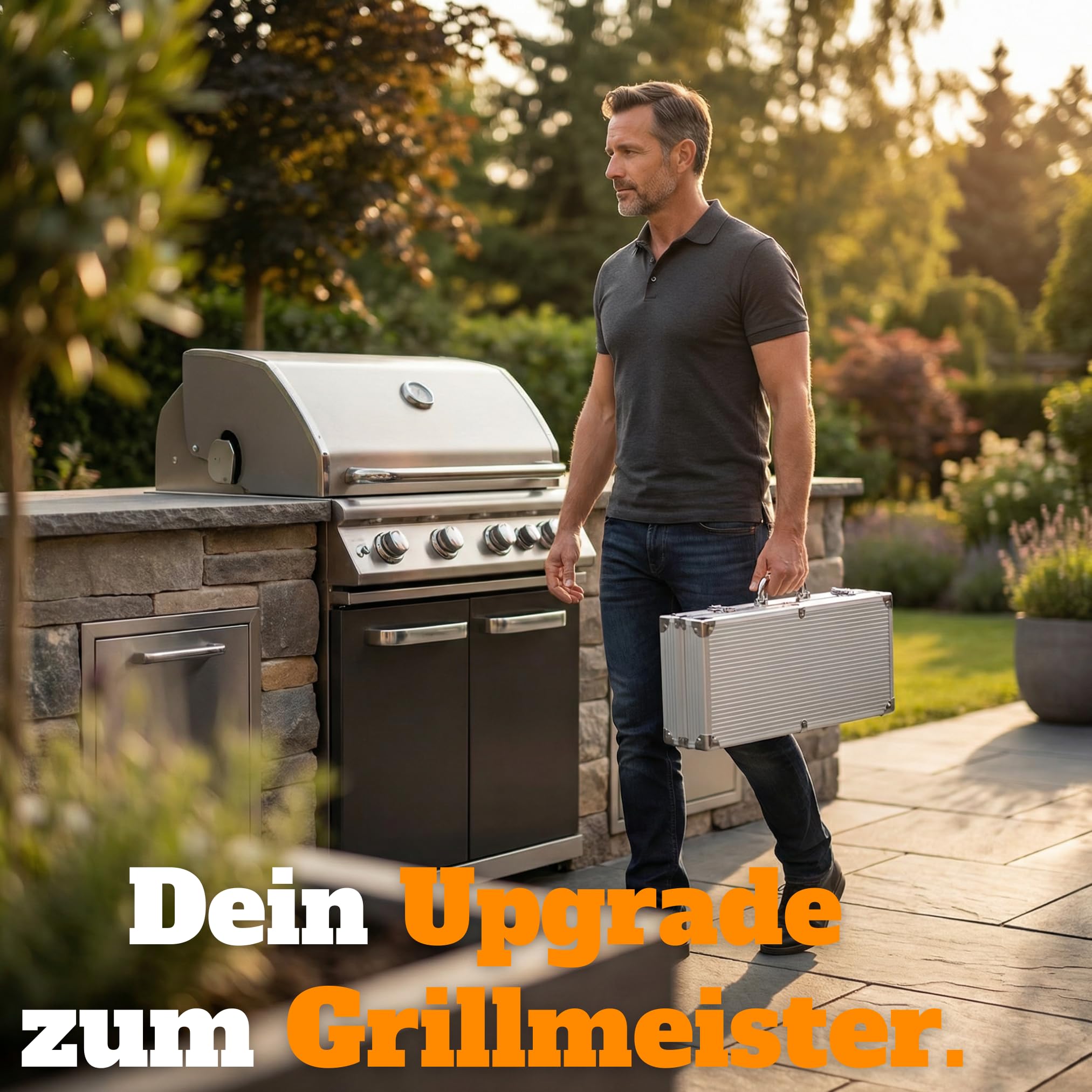Grillkoffer Grillset für Männer - Grill Set mit Metallkoffer aus Edelstahl, Grillbesteck & Grill Zubehör, 3 in 1 Wender mit Flaschenöffner und Schneidekante 2