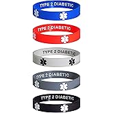 Type 2 Diabetic Medical Alert ID Privacy Enhanced Silicone Bracelets Wristbands 5 Pack